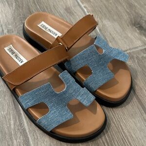 Steve Madden Denim and Tan Slide Sandals